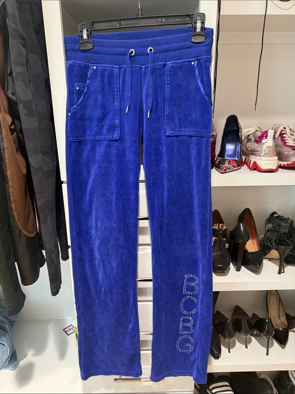 BCBG Cobalt Blue Velour Drawstring Joggers with Rhinestone Logo